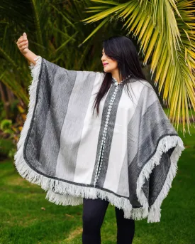 Gray Ash and White Alpaca Poncho With Hood