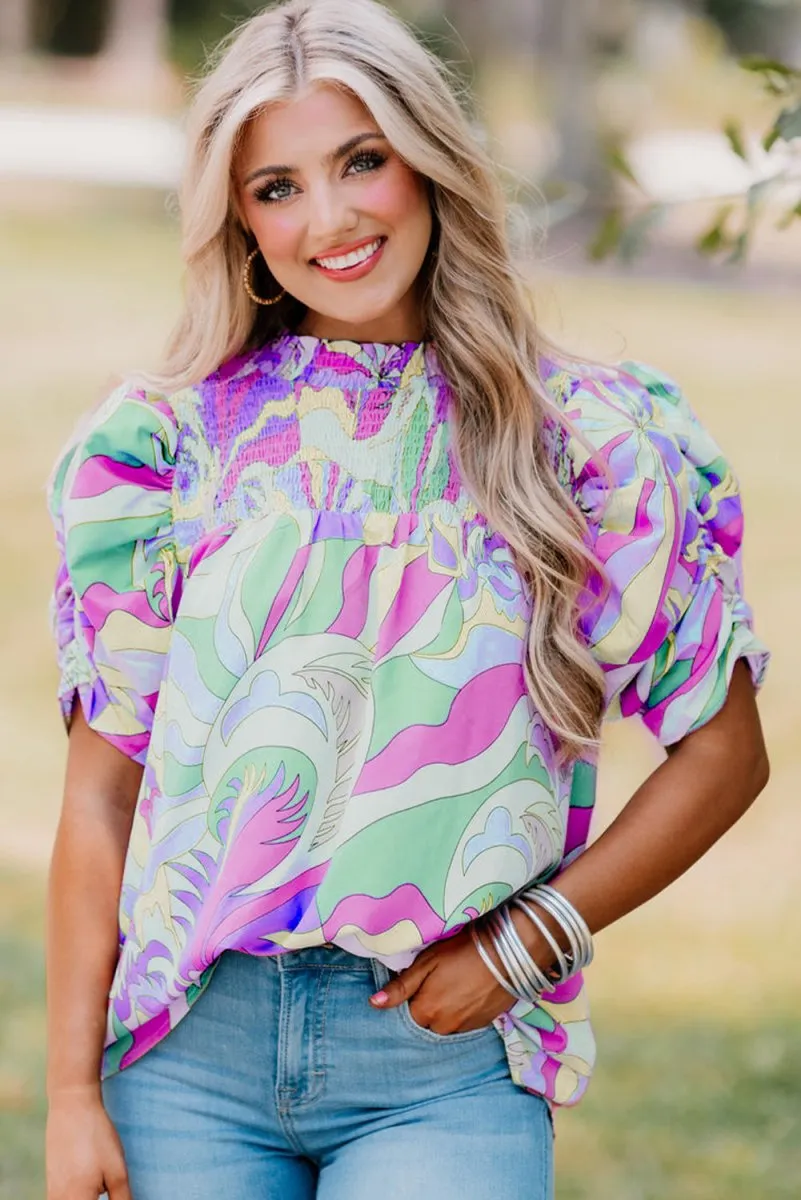 Green Abstract Bubble Sleeve Blouse