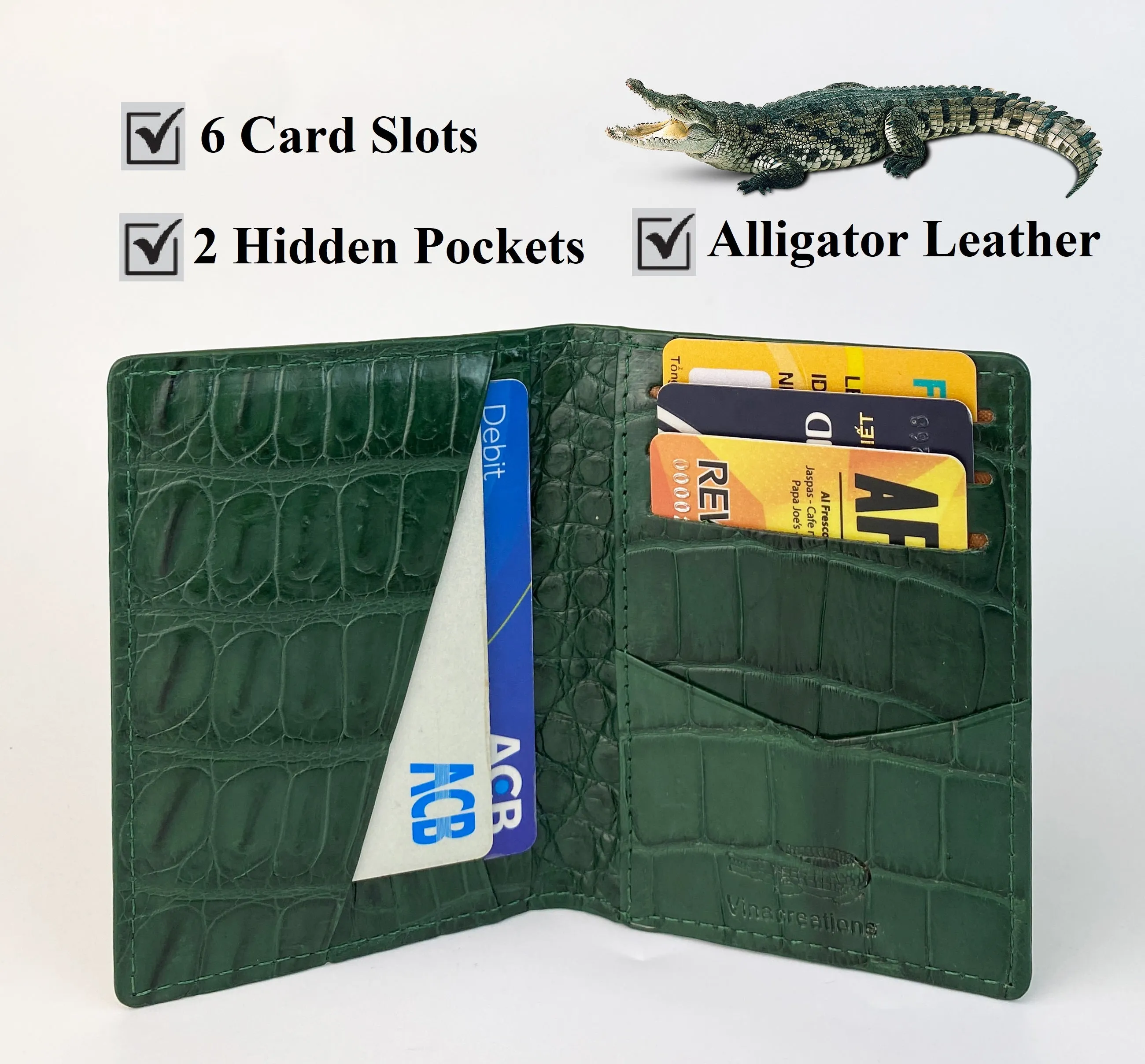 Green Alligator Leather Bifold Credit Card Holder Double Side | RFID Blocking | GREEN-CARD-14