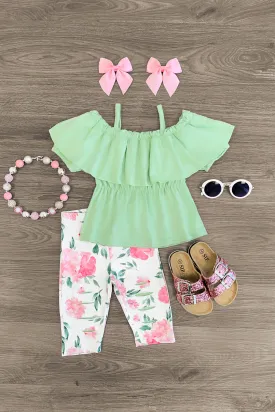 Green & Floral Cold Shoulder Capri Set