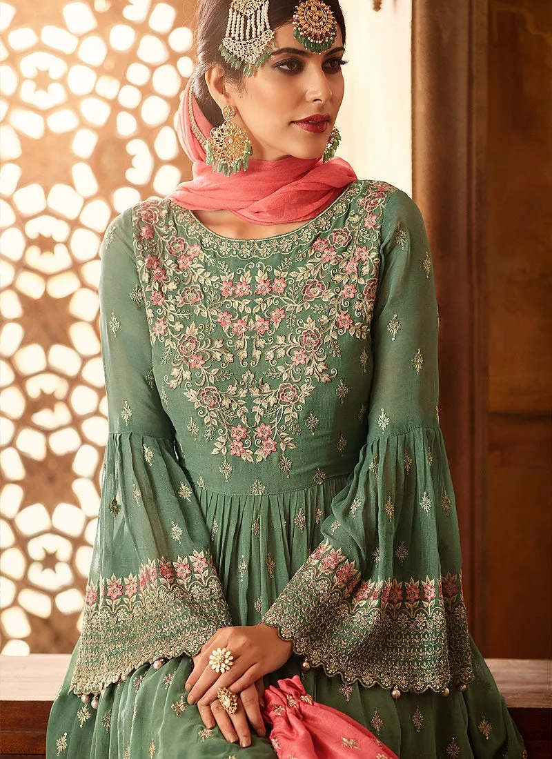 Green And Pink Embroidered Peplum Style Gharara Suit