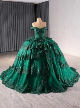 Green Ball Gown Lace Tiers Prom Dress