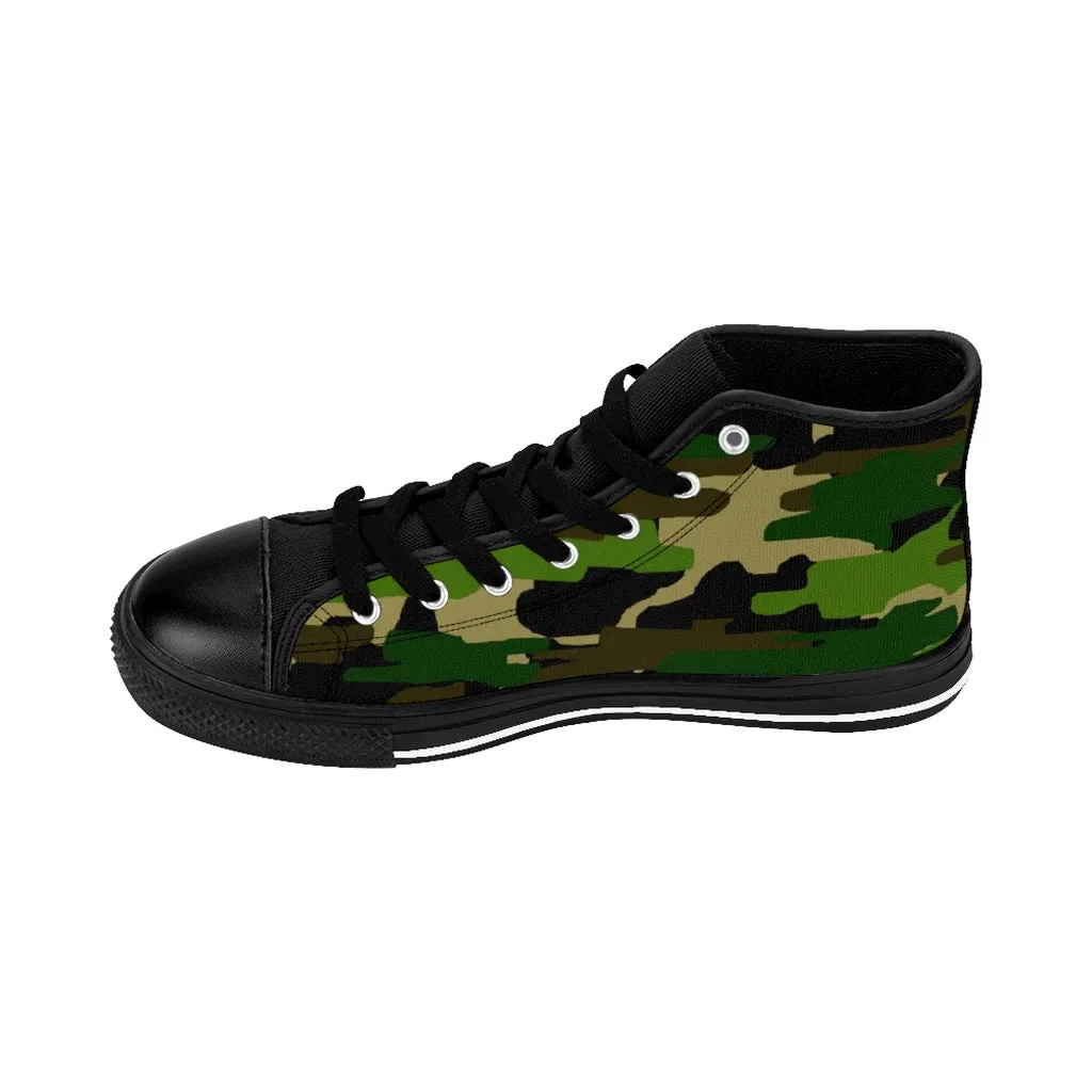 Green Camo Men's High-top Sneakers, Camouflage Military Print Men's Designer Tennis Running Shoes