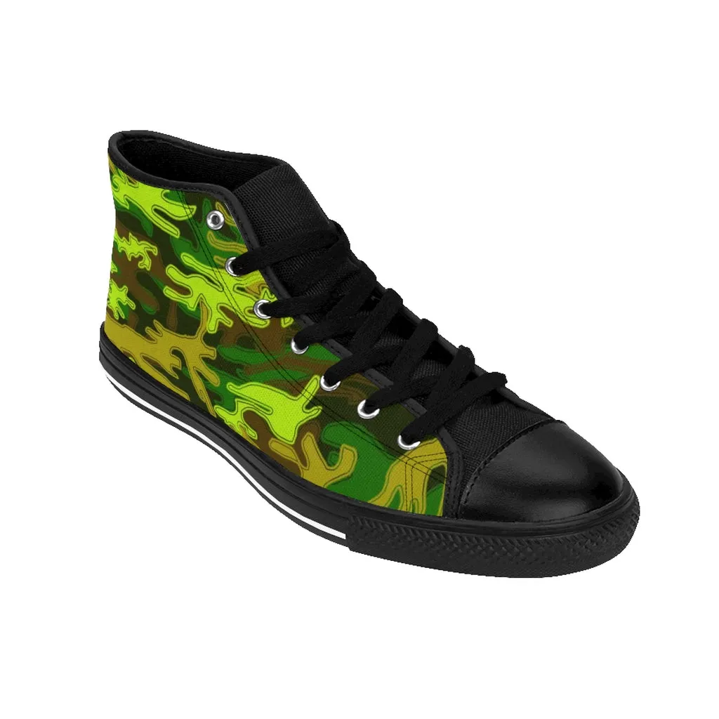 Green Camo Women's High Tops, Military Print Designer High-top Sneakers Tennis Shoes