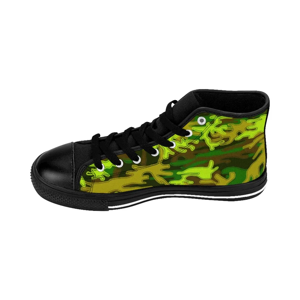 Green Camo Women's High Tops, Military Print Designer High-top Sneakers Tennis Shoes