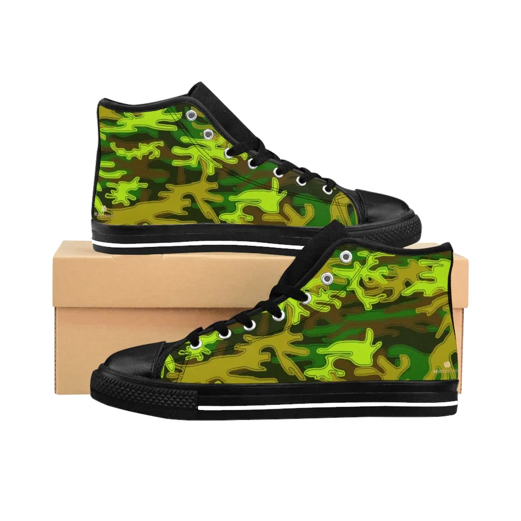 Green Camo Women's High Tops, Military Print Designer High-top Sneakers Tennis Shoes