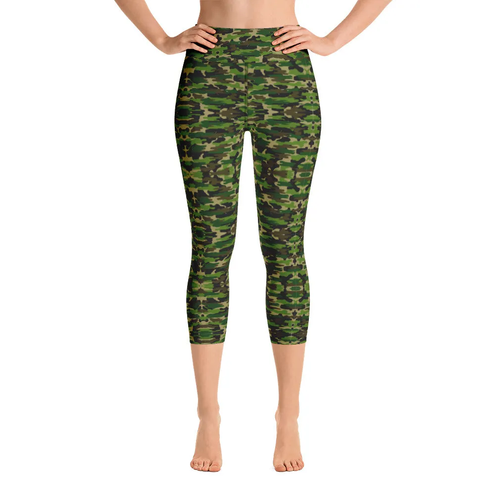 Green Camo Yoga Capri Leggings, Military Camouflage Print Women's Capris Tights-Made in USA/EU