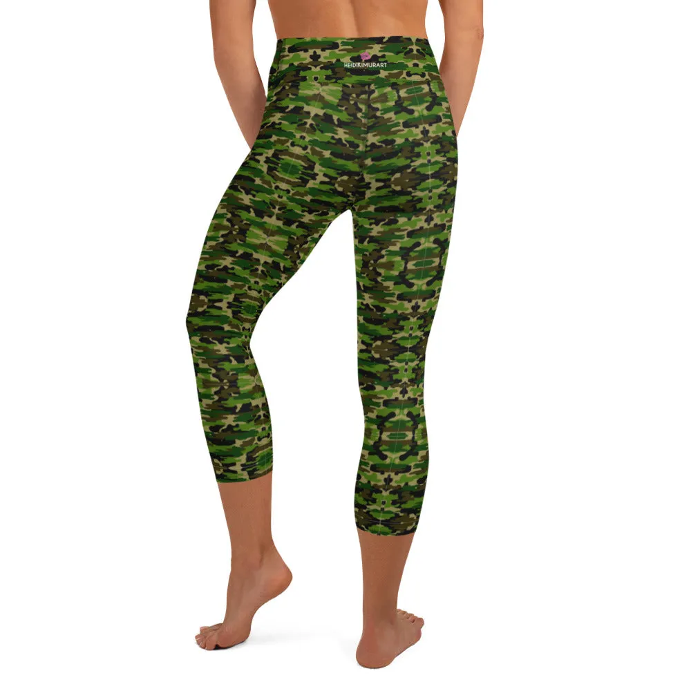 Green Camo Yoga Capri Leggings, Military Camouflage Print Women's Capris Tights-Made in USA/EU