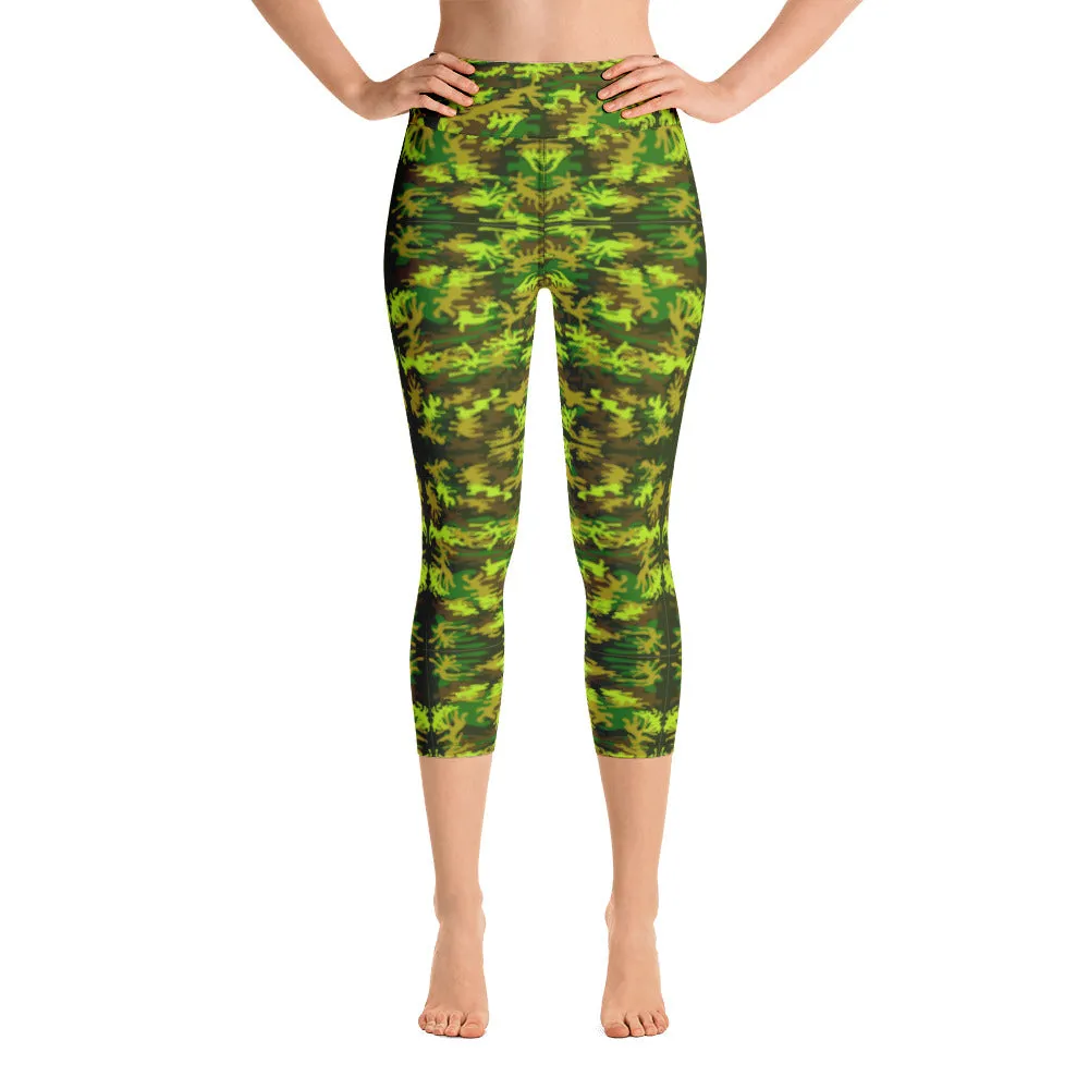 Green Camo Yoga Capri Leggings, Military Camouflage Print Women's Capris Tights-Made in USA/EU/MX