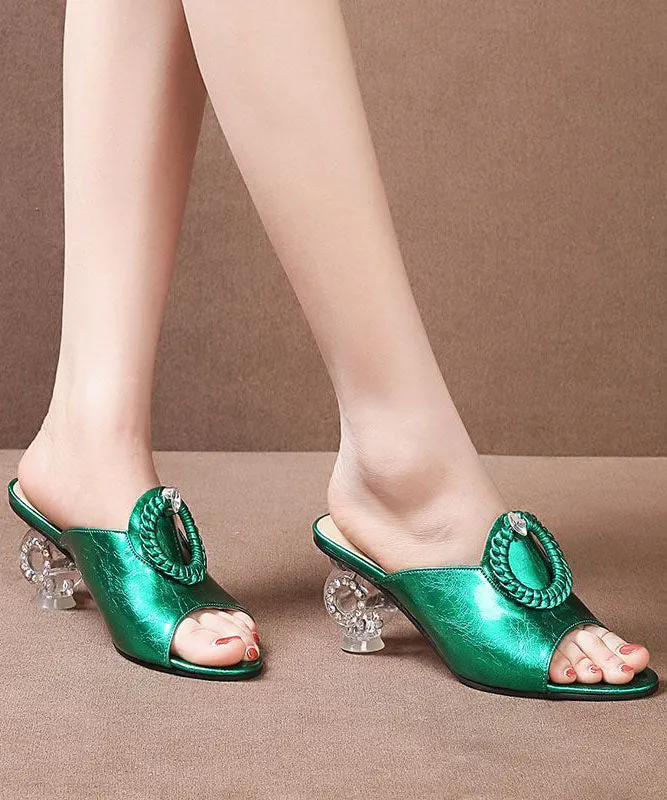 Green Chunky Clear Heels Cowhide Leather Stylish Peep Toe Thong Sandals LC0189