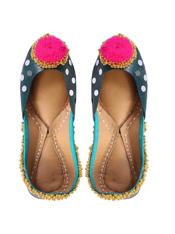 Green Embellished Pompom Leather Juttis