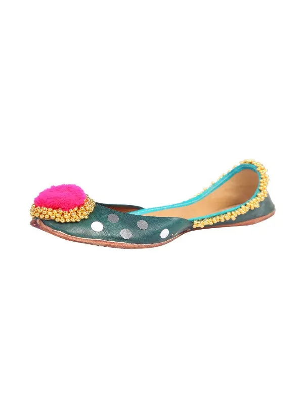 Green Embellished Pompom Leather Juttis