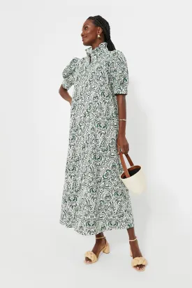 Green Floral Linen Ruffle Collar Louisa Maxi Dress