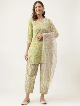 Green Floral Printed Cotton Straight Kurta, Trousers With Dupatta Set