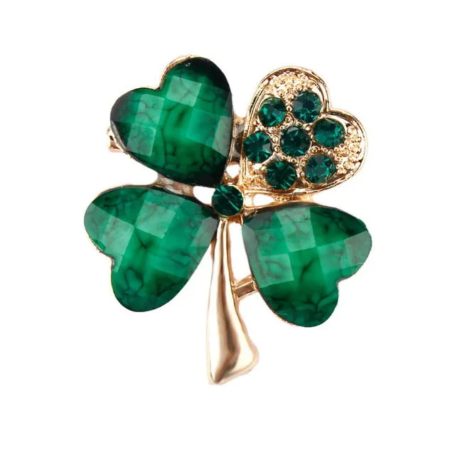 Green Four Leaf Clover and Rhinestones Lapel Pins or Brooches for Women or Men in Assorted Designs