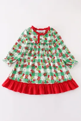 Green grinch print plaid ruffle girl gown