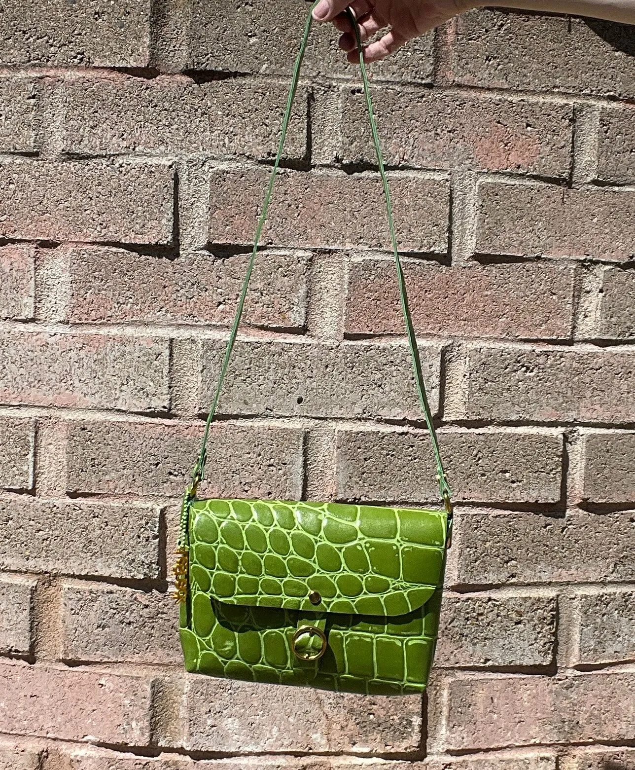 Green Jumbo Croc Embossed  Leather Small Crossbody Flap Messenger Bag