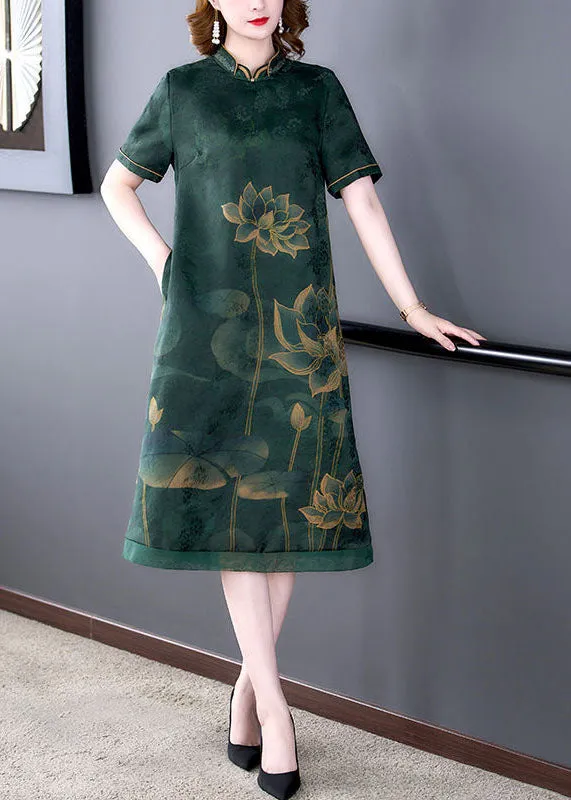 Green Lotus Print Silk A Line Skirts Stand Collar Summer LY2240