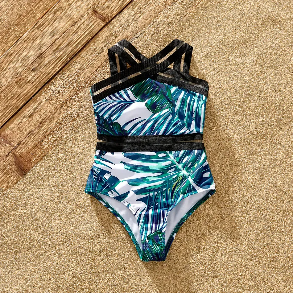 Green Palm Leaves Matching Family Bathing Suit