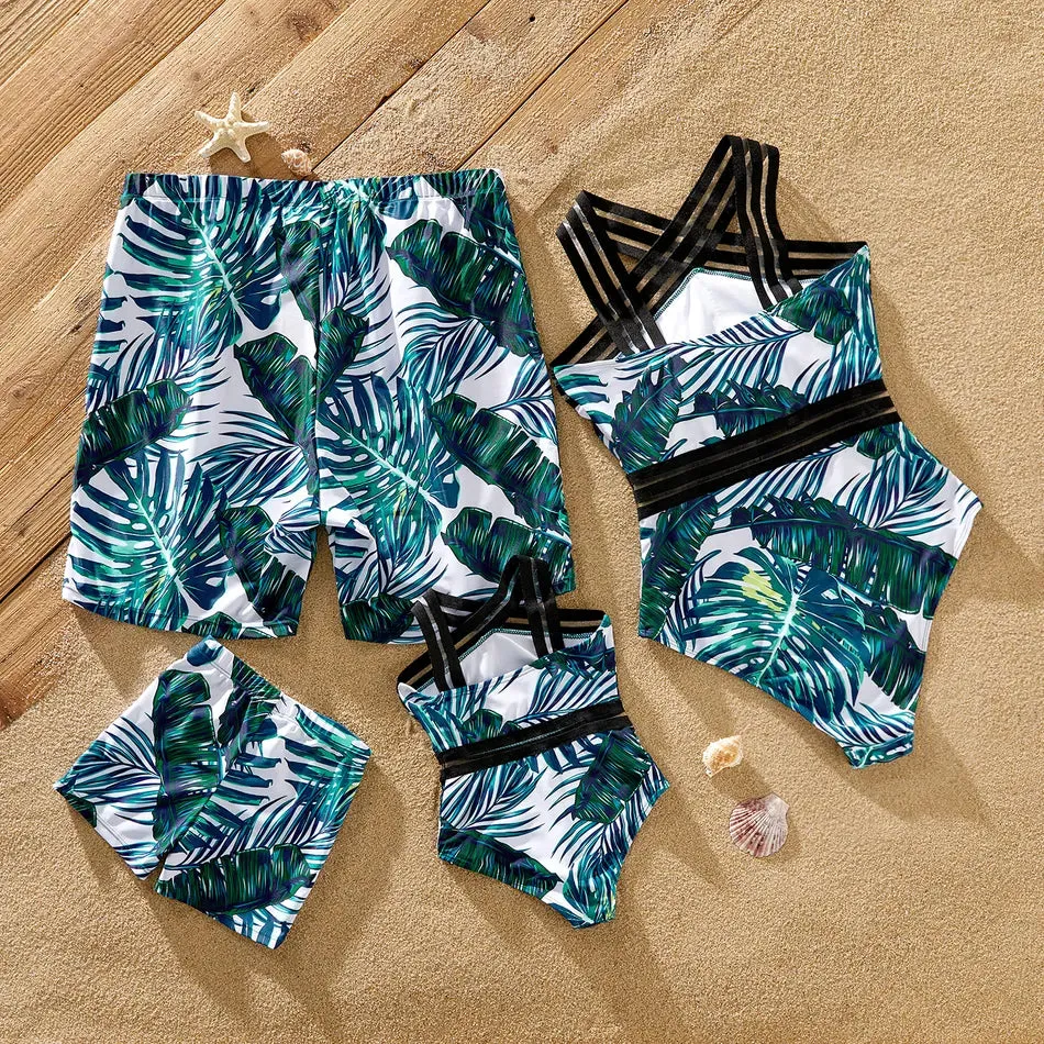 Green Palm Leaves Matching Family Bathing Suit