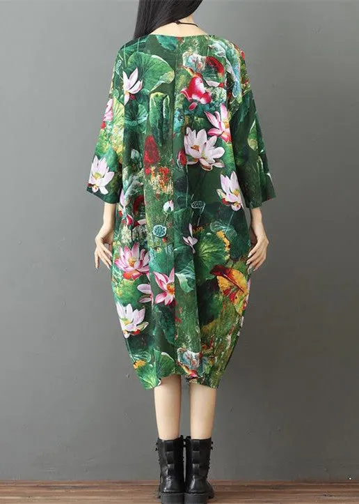 Green Prints Linen Maxi Dress Casual Traveling Dress Casual Bracelet Sleeve Gown