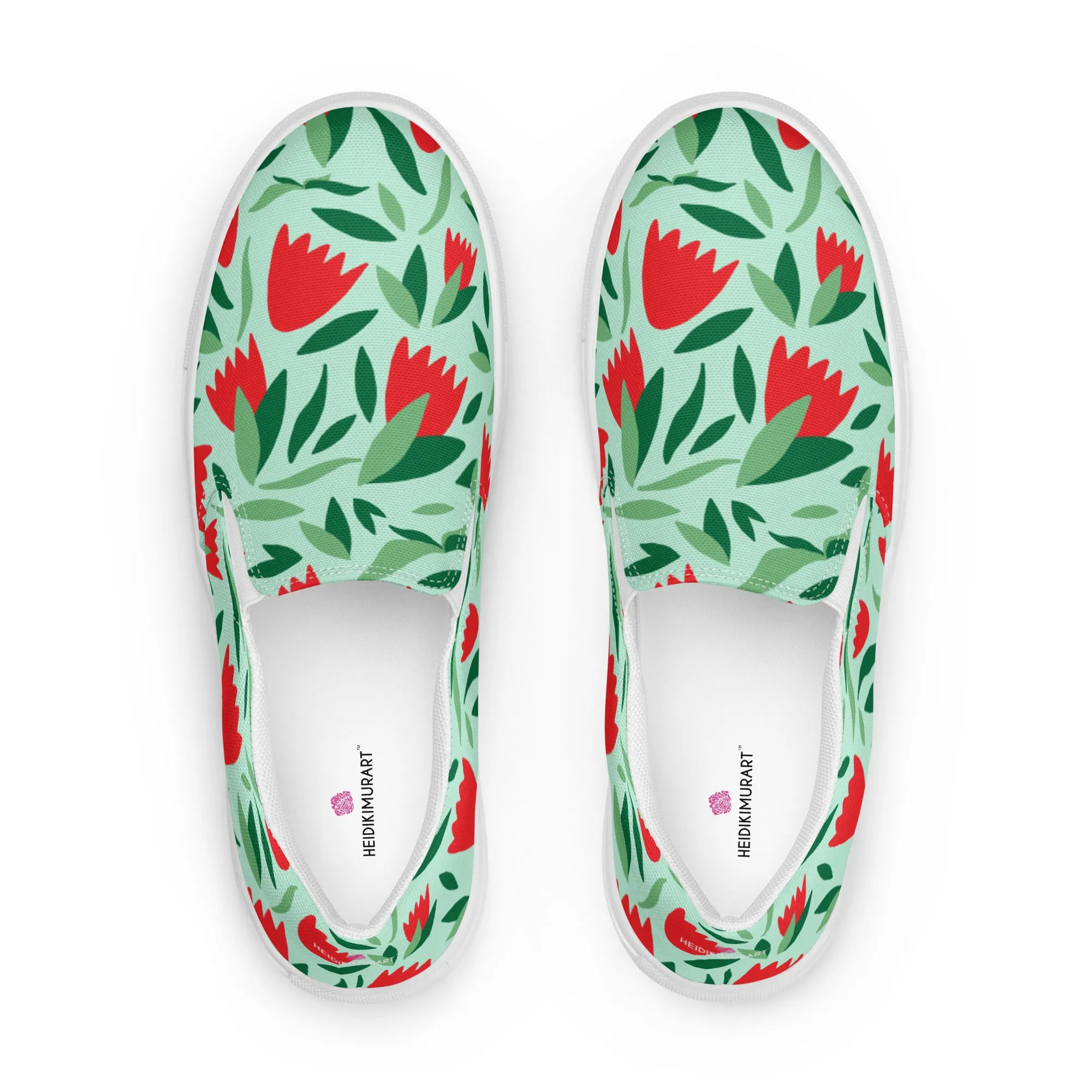 Green Red Floral Women's Shoes, Red Floral Flower Print Women’s Slip-On Canvas Shoes (US Size: 5-12)