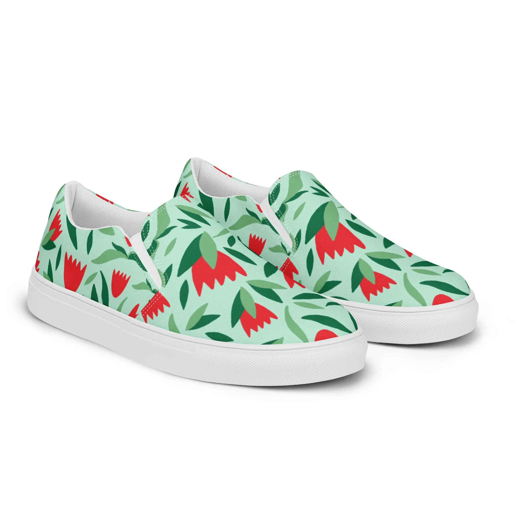 Green Red Floral Women's Shoes, Red Floral Flower Print Women’s Slip-On Canvas Shoes (US Size: 5-12)