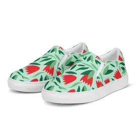 Green Red Floral Women's Shoes, Red Floral Flower Print Women’s Slip-On Canvas Shoes (US Size: 5-12)