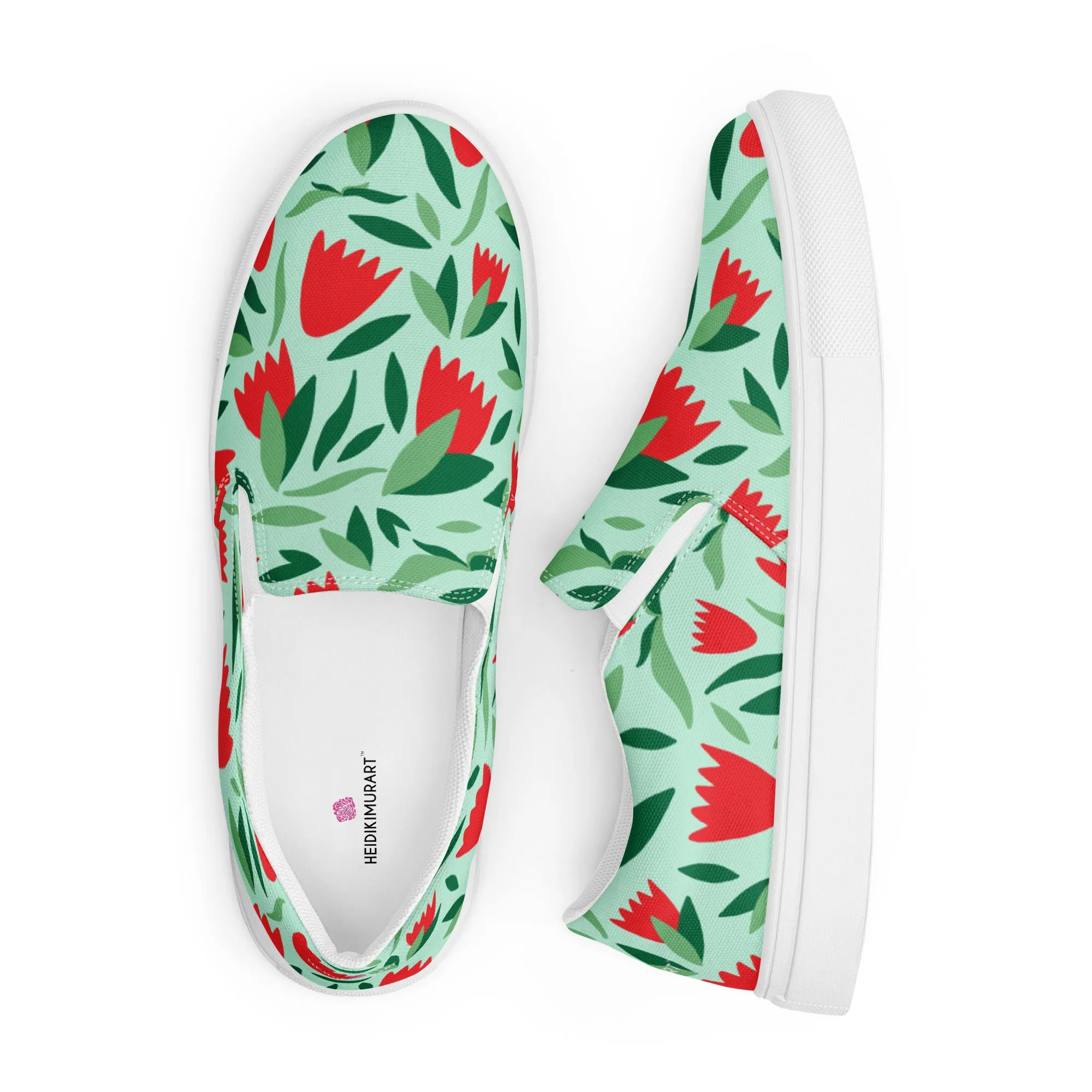 Green Red Floral Women's Shoes, Red Floral Flower Print Women’s Slip-On Canvas Shoes (US Size: 5-12)