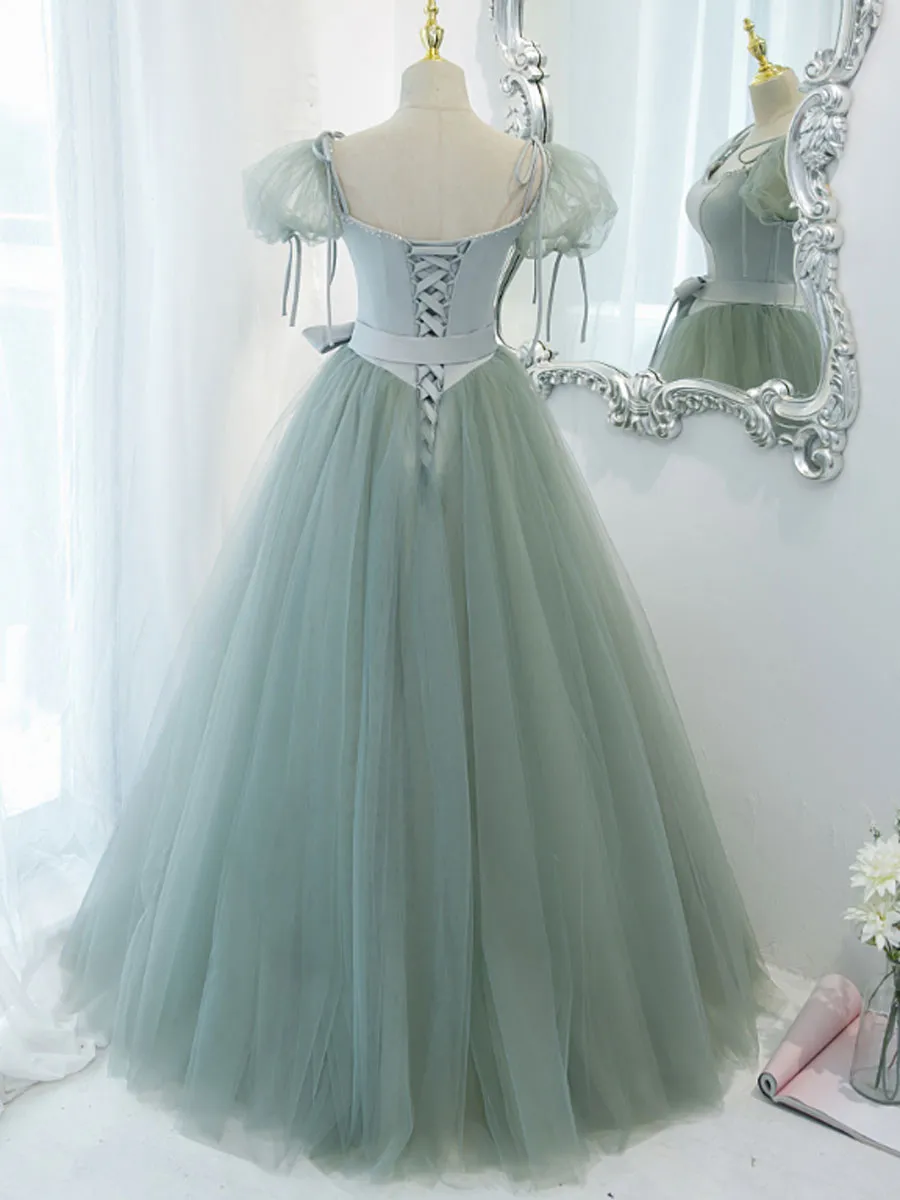 Green Round Neck Tulle Long Prom Dress Green Evening Dress