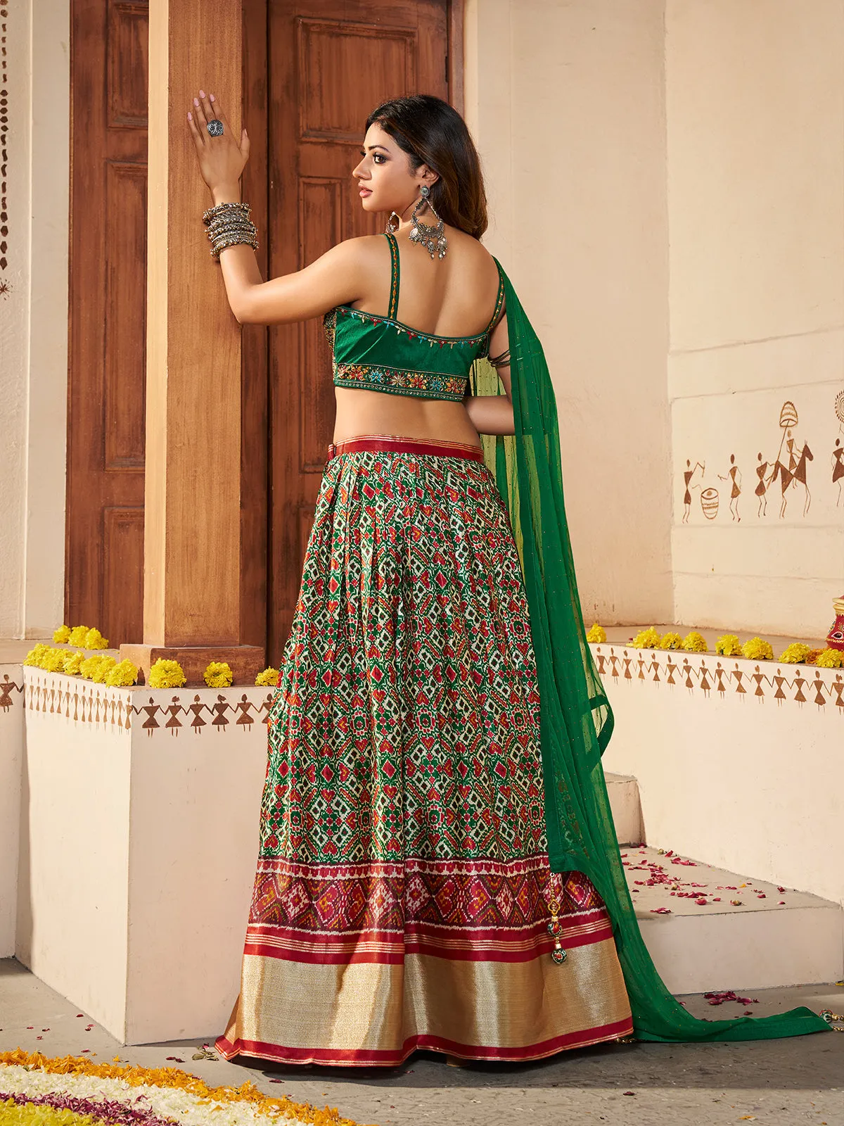 Green Silk Printed Semi Stitched Lehenga With Unstitched Blouse