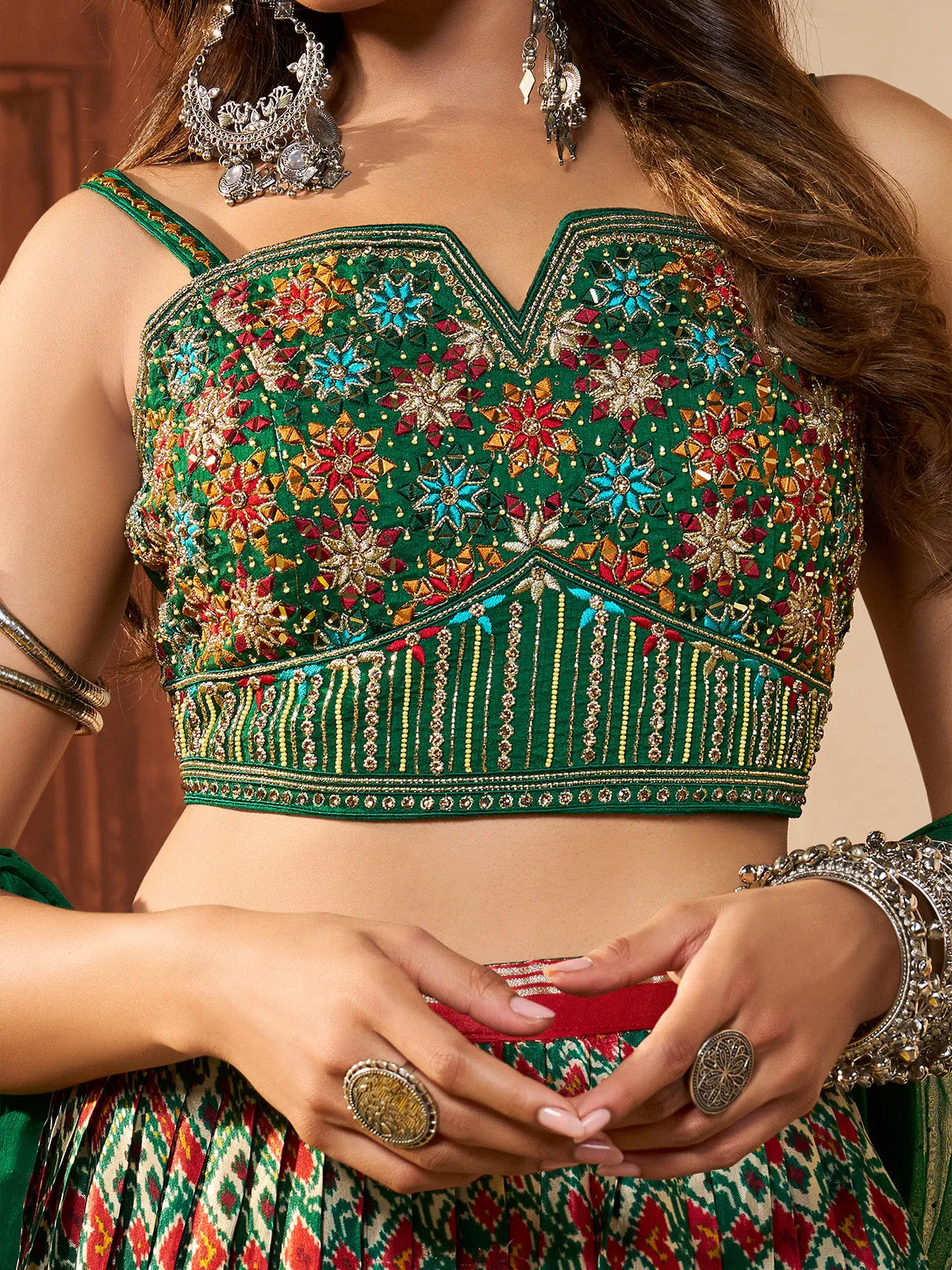 Green Silk Printed Semi Stitched Lehenga With Unstitched Blouse