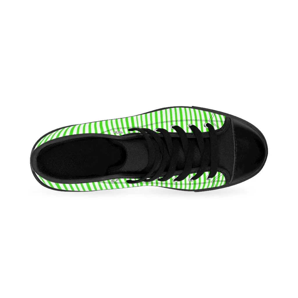 Green Striped High-top Sneakers, Vertically Green Stripes Men's Designer Tennis Running Shoes