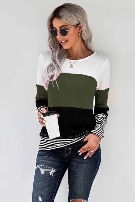 Green Stylish Colorblock Splicing Stripes Top