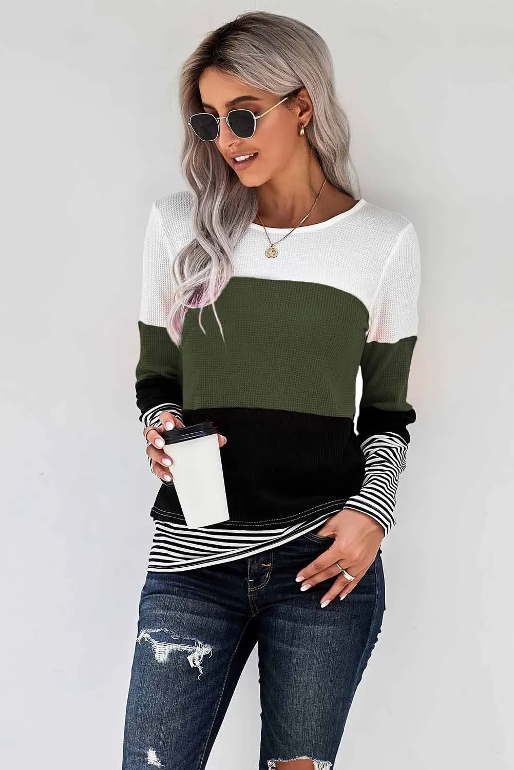 Green Stylish Colorblock Splicing Stripes Top