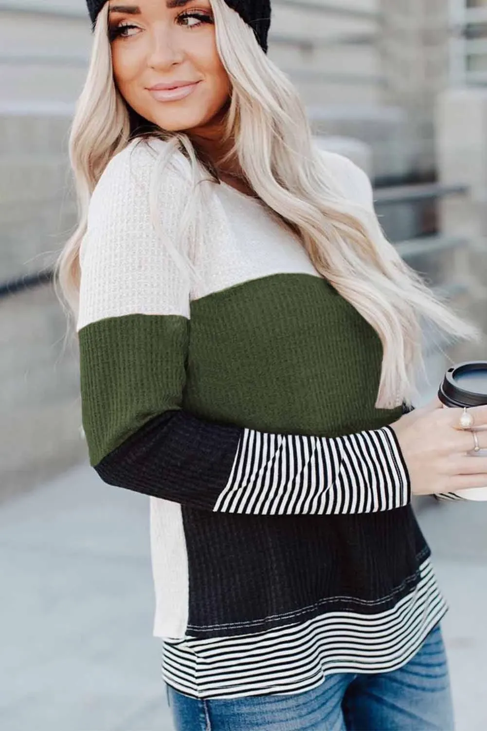 Green Stylish Colorblock Splicing Stripes Top