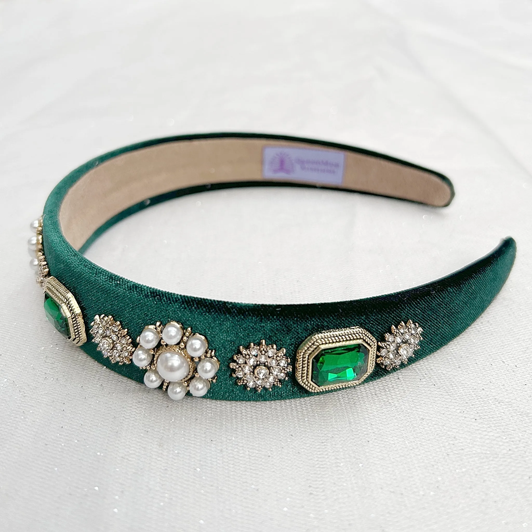 Green Velvet Headband with Pearls Wedding Guest Hair Band