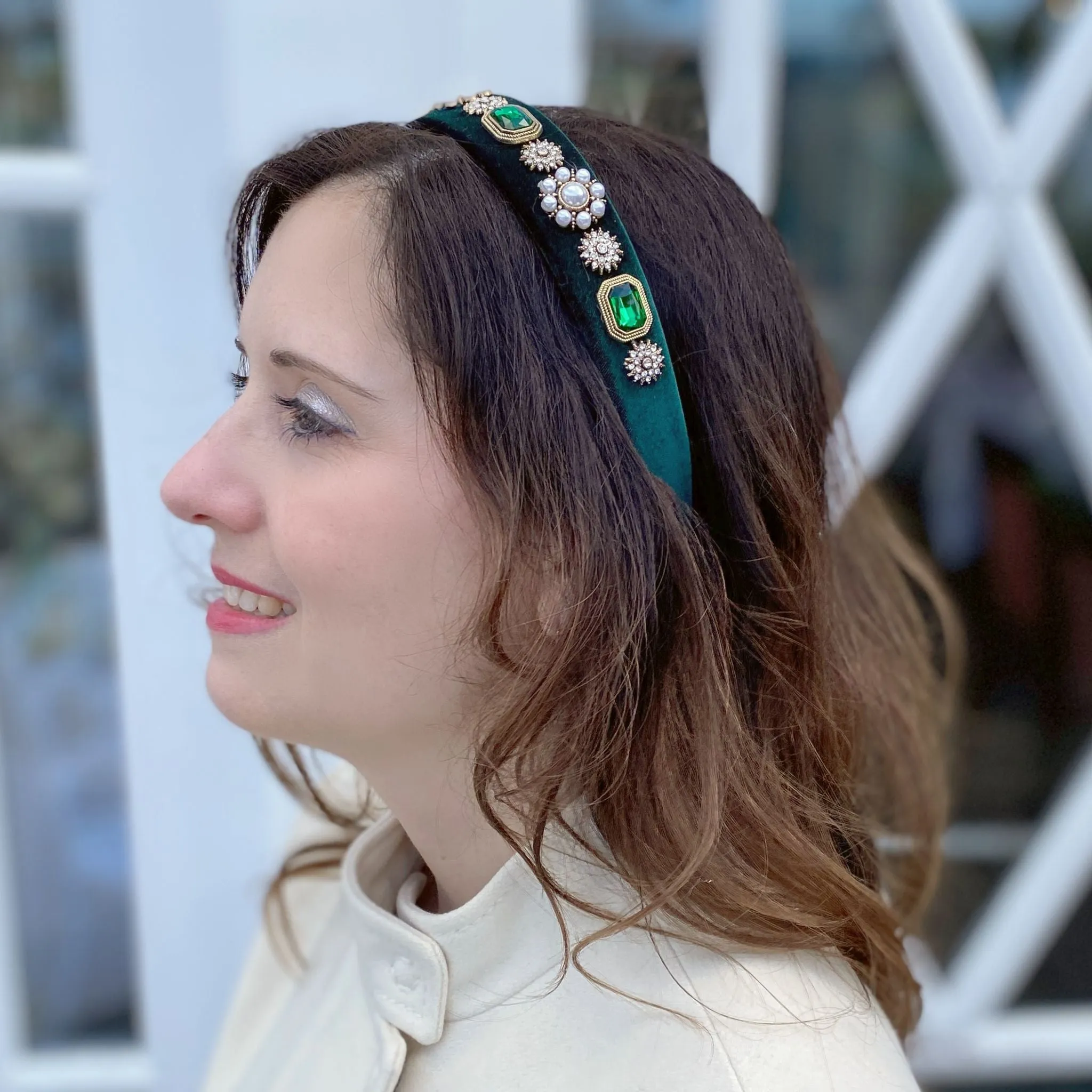 Green Velvet Headband with Pearls Wedding Guest Hair Band