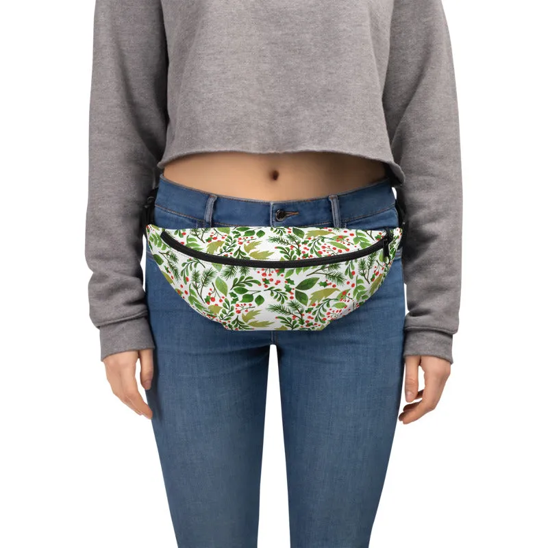 Green White Christmas Fanny Pack, Designer Red Berries Floral Print Designer Fanny Pack- Made in USA/EU