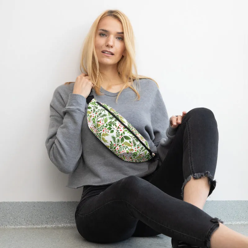 Green White Christmas Fanny Pack, Designer Red Berries Floral Print Designer Fanny Pack- Made in USA/EU