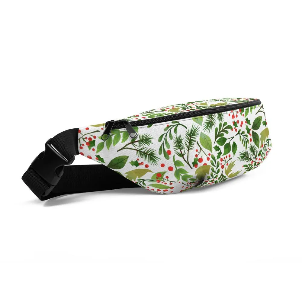 Green White Christmas Fanny Pack, Designer Red Berries Floral Print Designer Fanny Pack- Made in USA/EU