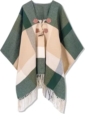 Green Winter Chic Plaid Poncho Cardigan