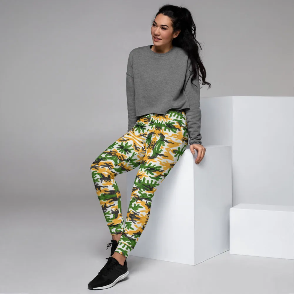 Green Yellow Army Women's Joggers, Camouflage Camo Print Designer Slim Fit Sweatpants-Made in EU/MX