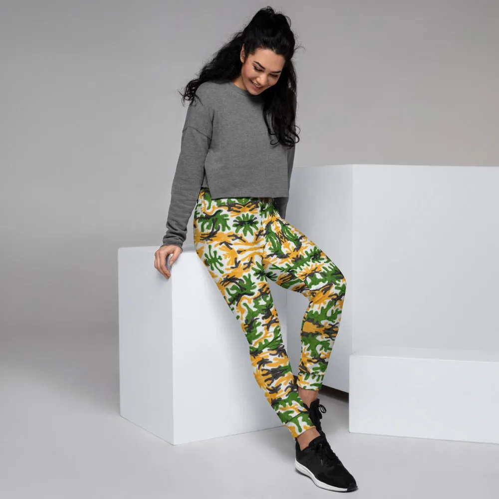 Green Yellow Army Women's Joggers, Camouflage Camo Print Designer Slim Fit Sweatpants-Made in EU/MX