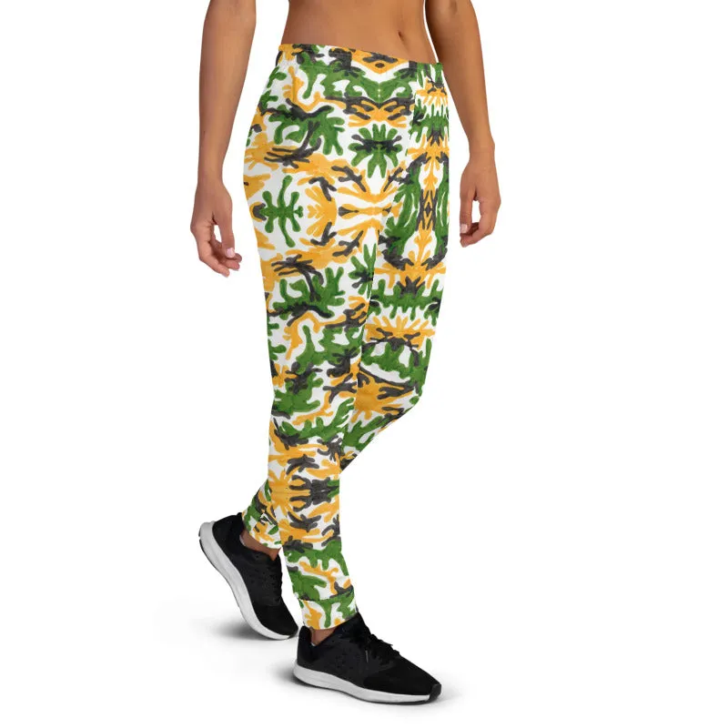 Green Yellow Army Women's Joggers, Camouflage Camo Print Designer Slim Fit Sweatpants-Made in EU/MX