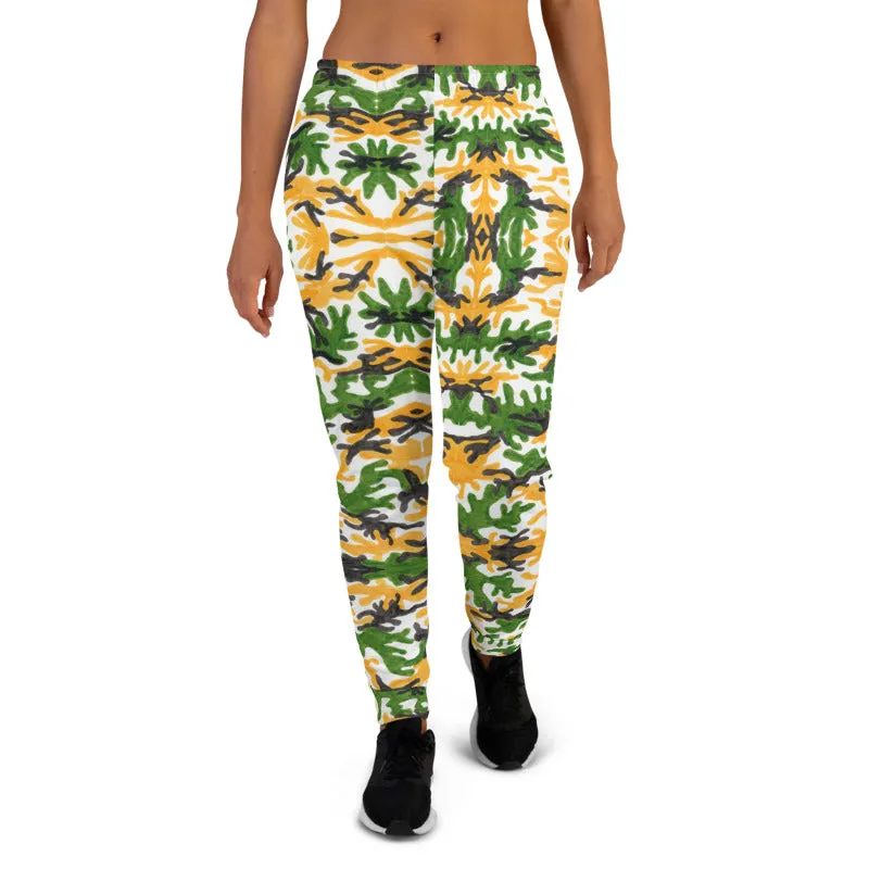 Green Yellow Army Women's Joggers, Camouflage Camo Print Designer Slim Fit Sweatpants-Made in EU/MX