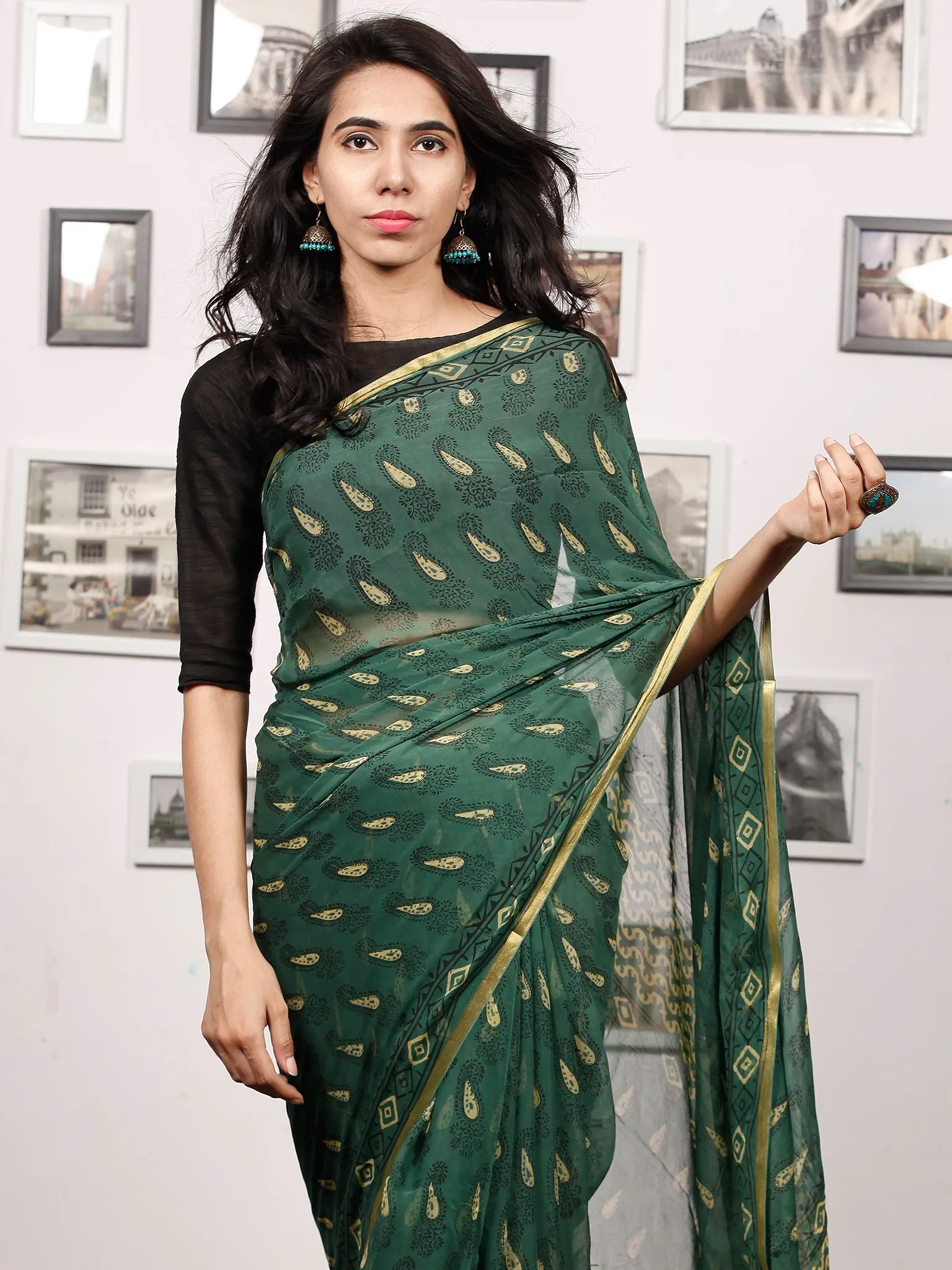 Green Yellow Black Hand Block Printed Chiffon Saree with Zari Border - S031703508