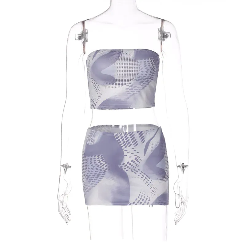 Grey Abstract Print Strapless Crop Top & Mini Skirt 2 Piece Set