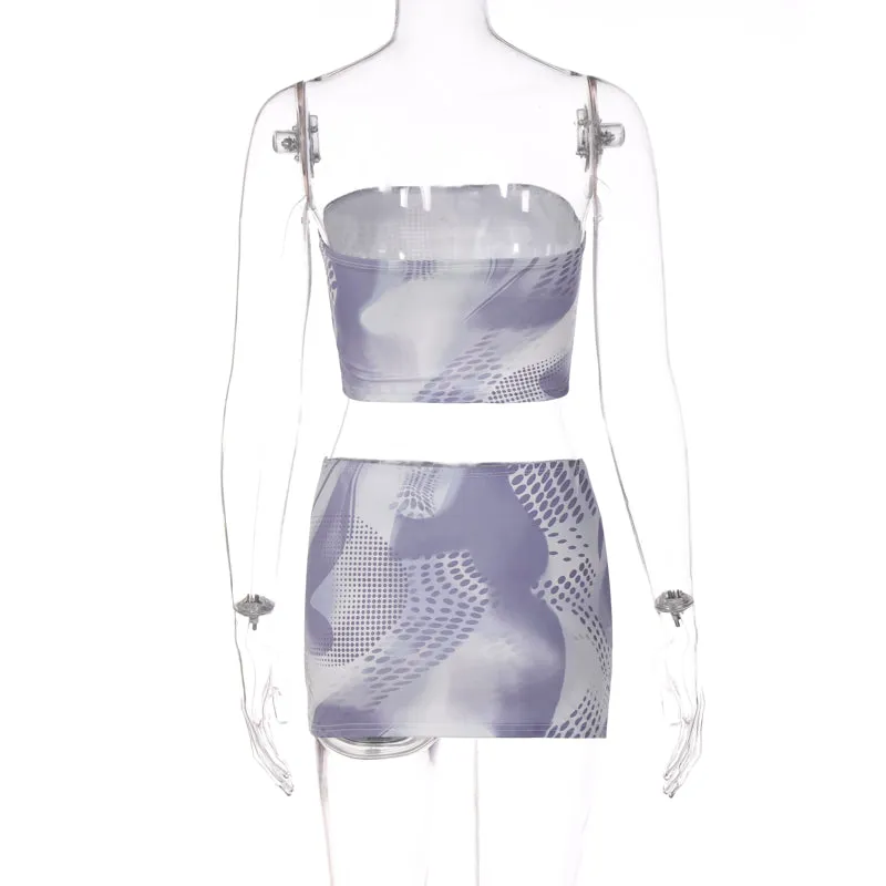 Grey Abstract Print Strapless Crop Top & Mini Skirt 2 Piece Set