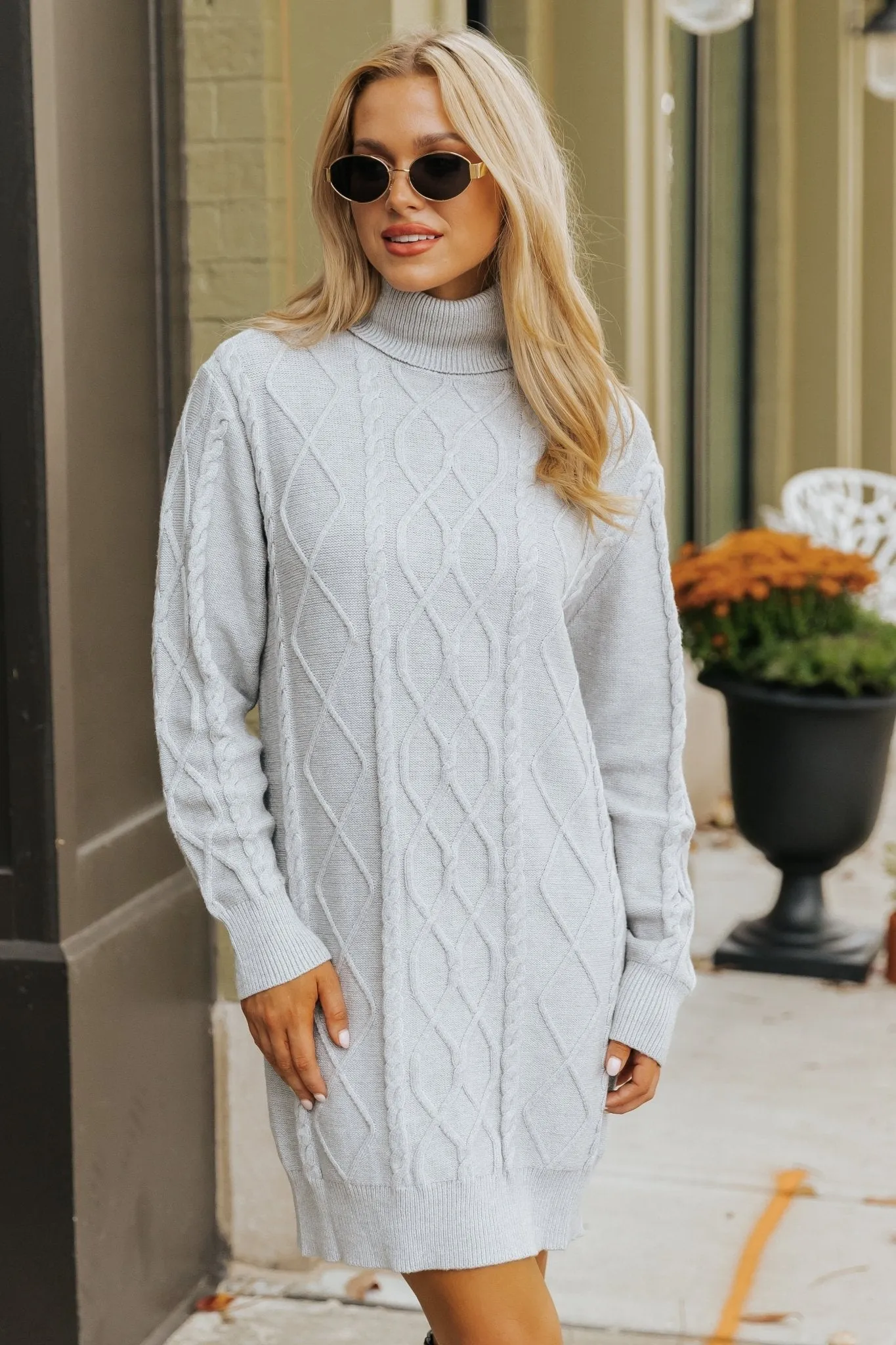 Grey Cable Knit Sweater Dress - DOORBUSTER